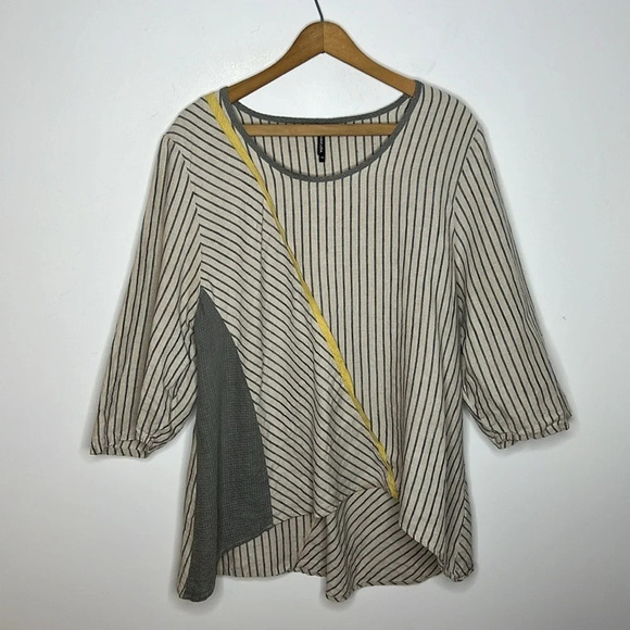 KHANGURA 100% Linen Lagenlook Artsy Striped Hi Low Tunic Mixed Print Blouse - Picture 9 of 12